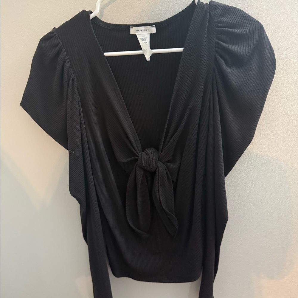 Tie-Front V-Neck Blouse in Black